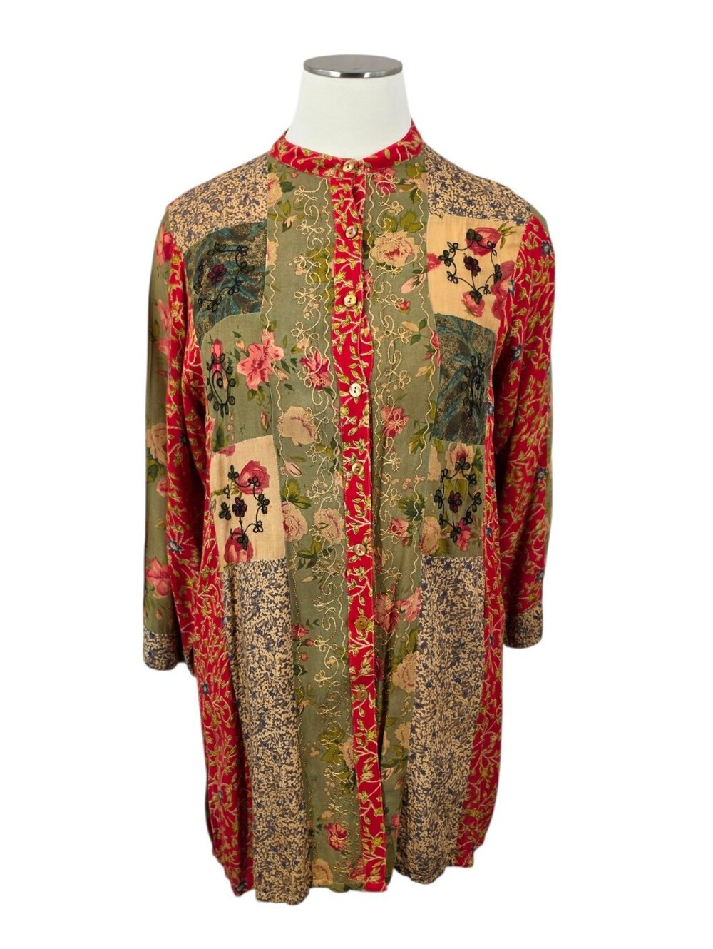 Vintage Patchwork Floral Embroidered Longlune Tunic Top Button Up Shirt
